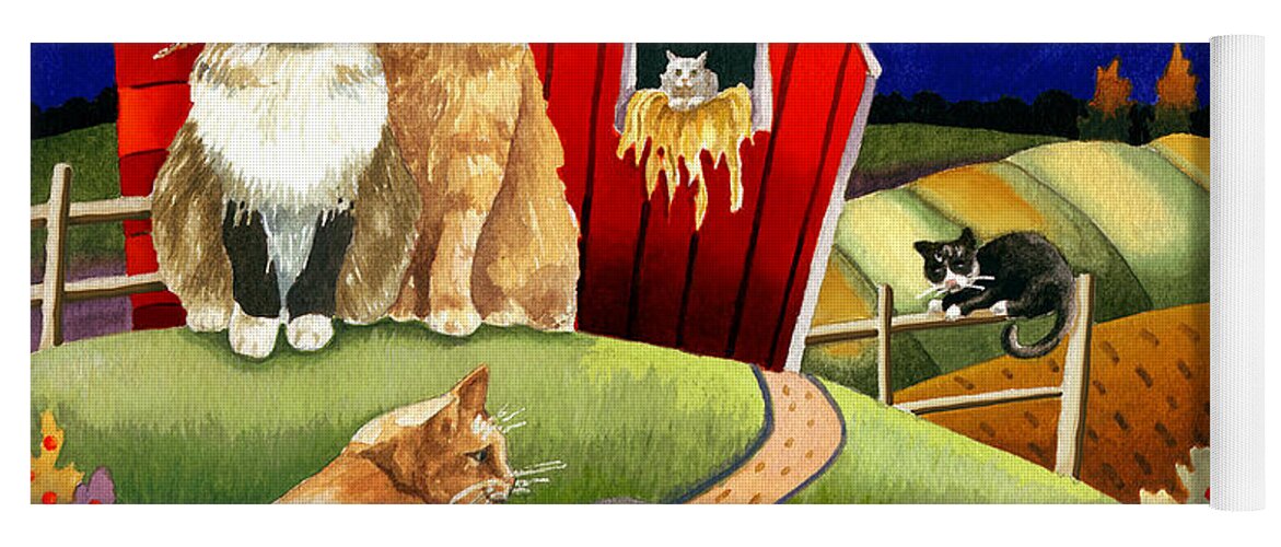 Spike The Dhog Painting Yoga Mat featuring the painting Spike the Dhog Meets Some Well Fed Barncats by Anne Gifford