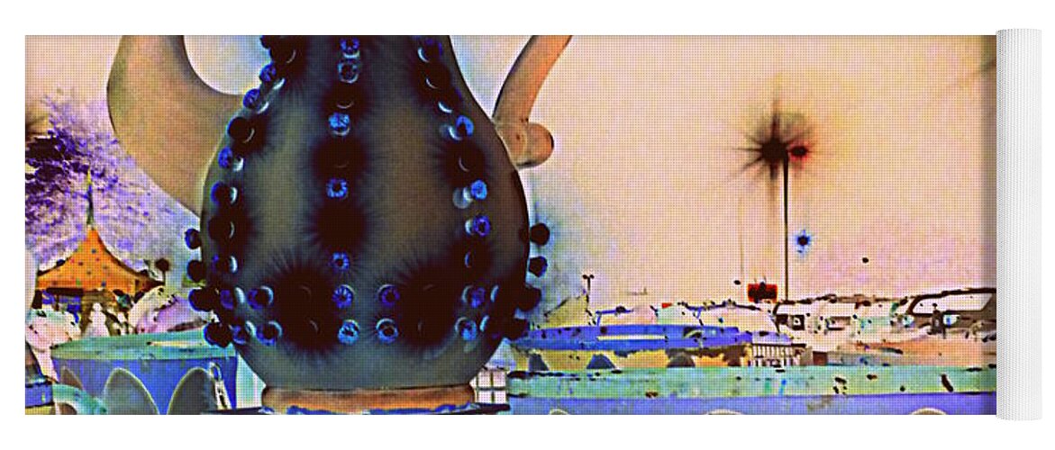 Tea Yoga Mat featuring the photograph Tea Pot and Cups Ride with inverted colors by Renee Trenholm