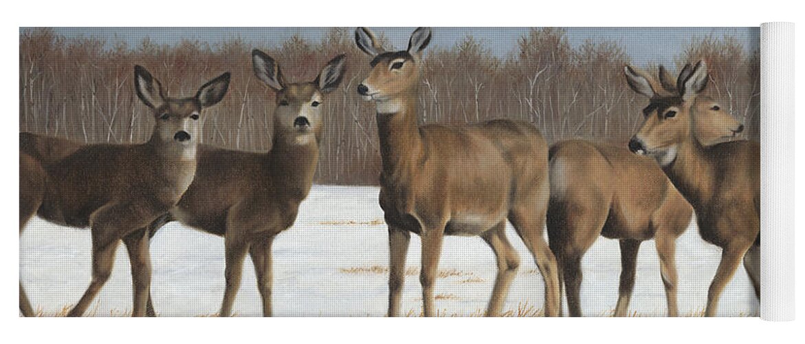 Mule Deer In Winter Field Yoga Mat featuring the painting The Gathering by Tammy Taylor