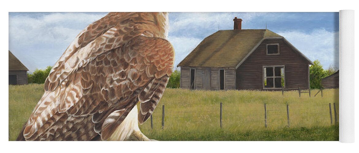 Red Tailed Hawk Over Looking Old Homestead Yoga Mat featuring the painting The Grounds Keeper by Tammy Taylor