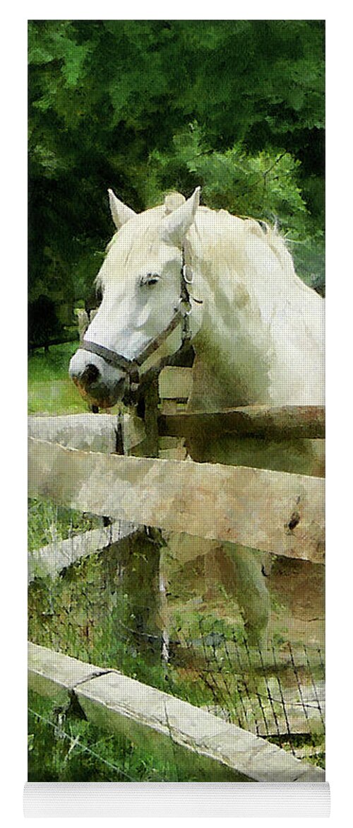 Horse Yoga Mat featuring the photograph White Horse in Paddock by Susan Savad