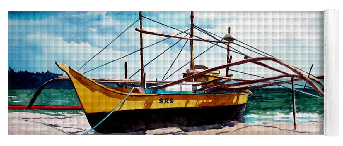 Boat Yoga Mat featuring the painting Yellow Boat Docking on the Shore by Christopher Shellhammer