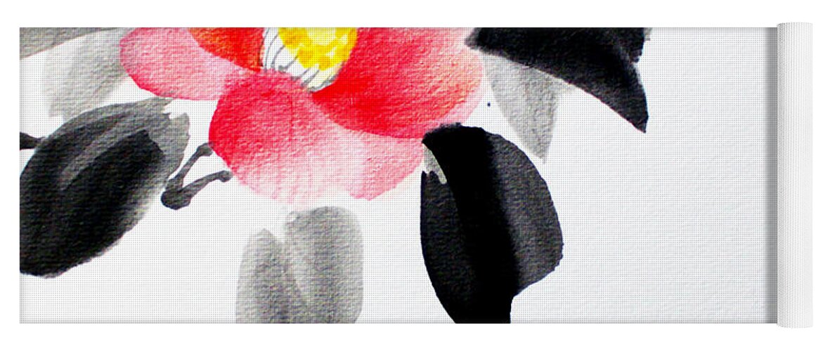 Japanese Yoga Mat featuring the painting Camellia / Tsubaki #1 by Fumiyo Yoshikawa