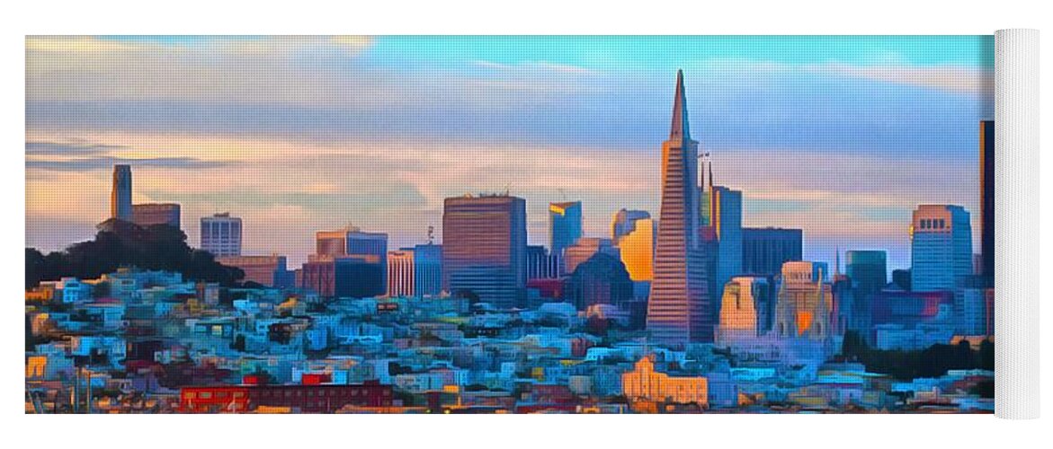 Barbara Snyder Yoga Mat featuring the photograph Dawn Skyline San Francisco Painting #2 by Barbara Snyder