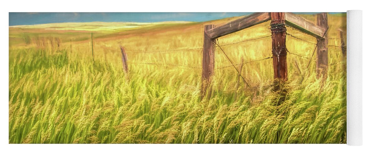 Grass Yoga Mat featuring the photograph Fence Corner on the South Dakota Prairie #1 by Randall Nyhof