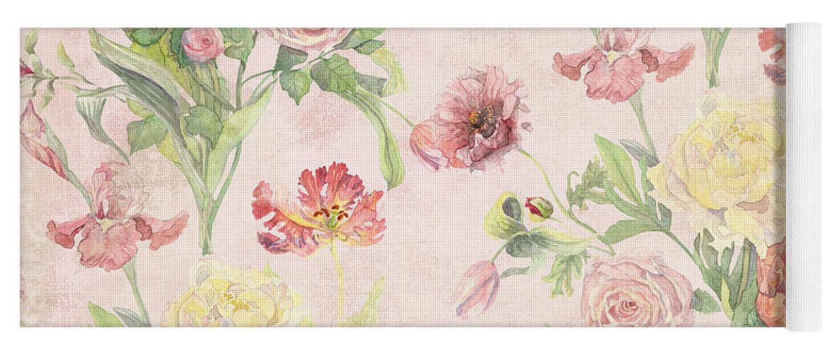 Butterfly Yoga Mat featuring the painting Fleurs de Pivoine - Watercolor w Butterflies in a French Vintage Wallpaper Style #1 by Audrey Jeanne Roberts