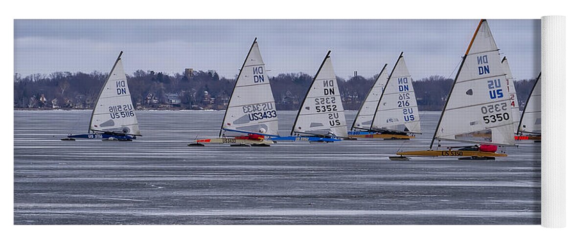 Ice Boats Yoga Mat featuring the photograph ice sailing - Madison - Wisconsin by Steven Ralser