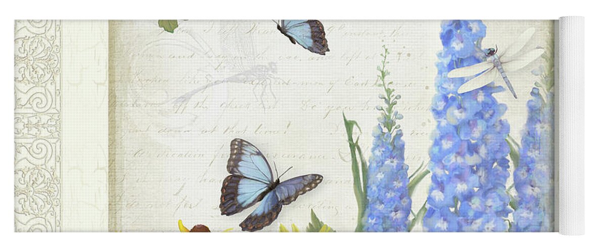 E Petit Jardin Yoga Mat featuring the painting Le Petit Jardin 1 - Garden Floral w Butterflies, Dragonflies, Daisies and Delphinium #1 by Audrey Jeanne Roberts