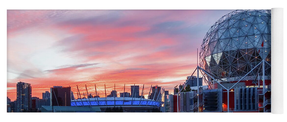 Canada Yoga Mat featuring the photograph Science World and BC Place Stadium at Sunset. Vancouver, BC #1 by Rick Deacon