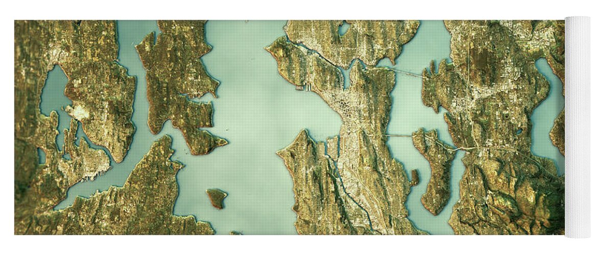Seattle Yoga Mat featuring the digital art Seattle Topographic Map Natural Color Top View #1 by Frank Ramspott