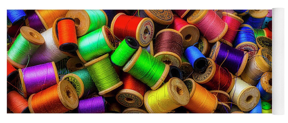 Spools Yoga Mat featuring the photograph Spools Of Thread With Buttons #2 by Garry Gay