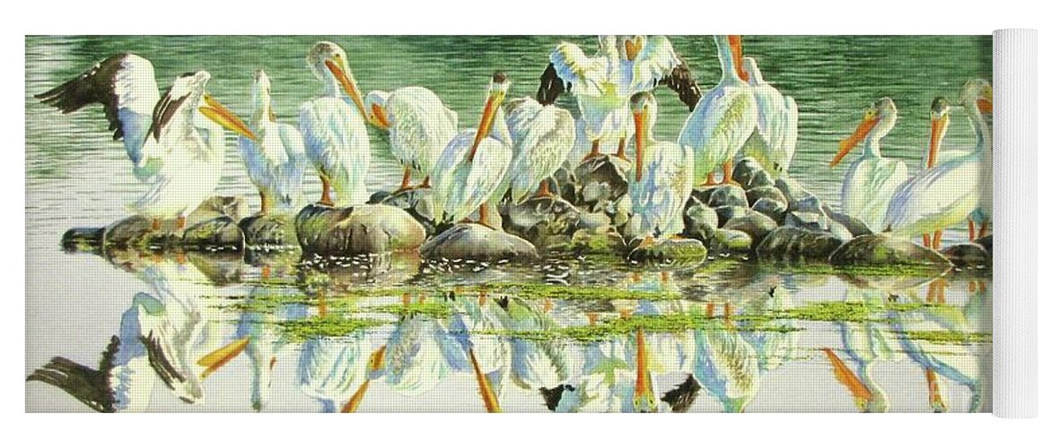Pelican Yoga Mat featuring the painting Standing Room Only #1 by Greg and Linda Halom