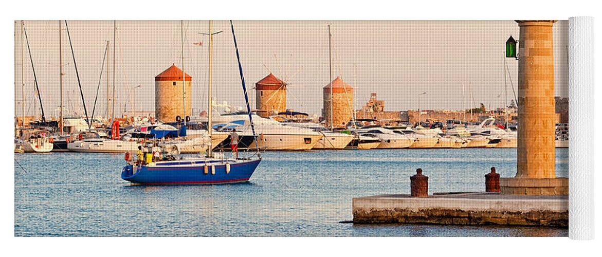 Windmills Yoga Mat featuring the photograph The old port of Rhodes - Greece #1 by Constantinos Iliopoulos