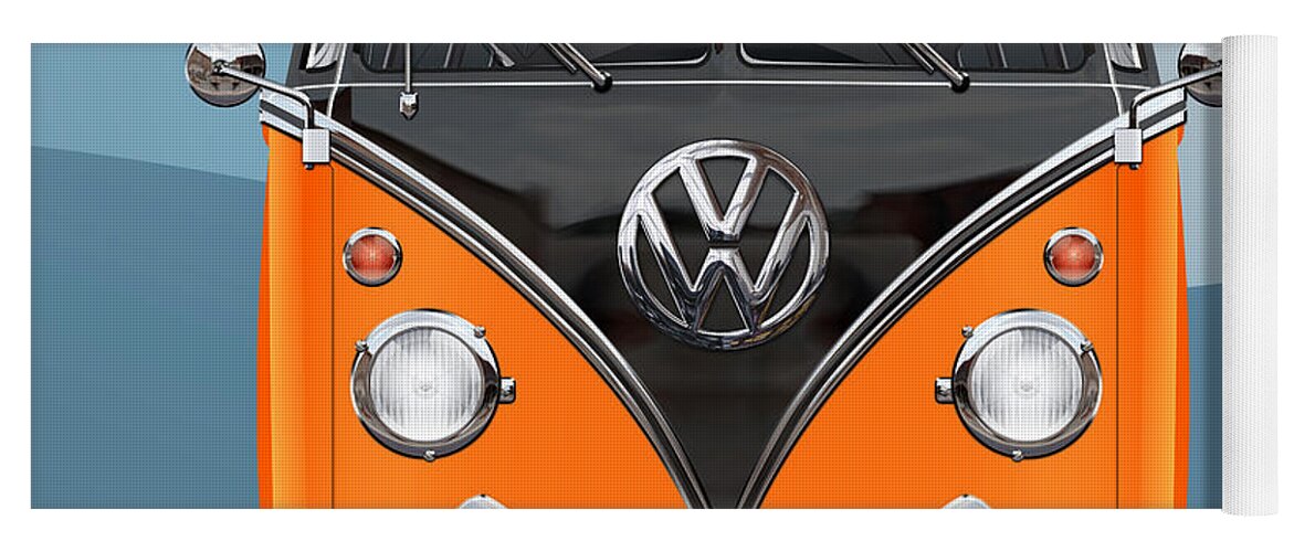 'volkswagen Type 2' Collection By Serge Averbukh Yoga Mat featuring the photograph Volkswagen Type 2 - Black and Orange Volkswagen T 1 Samba Bus over Blue by Serge Averbukh