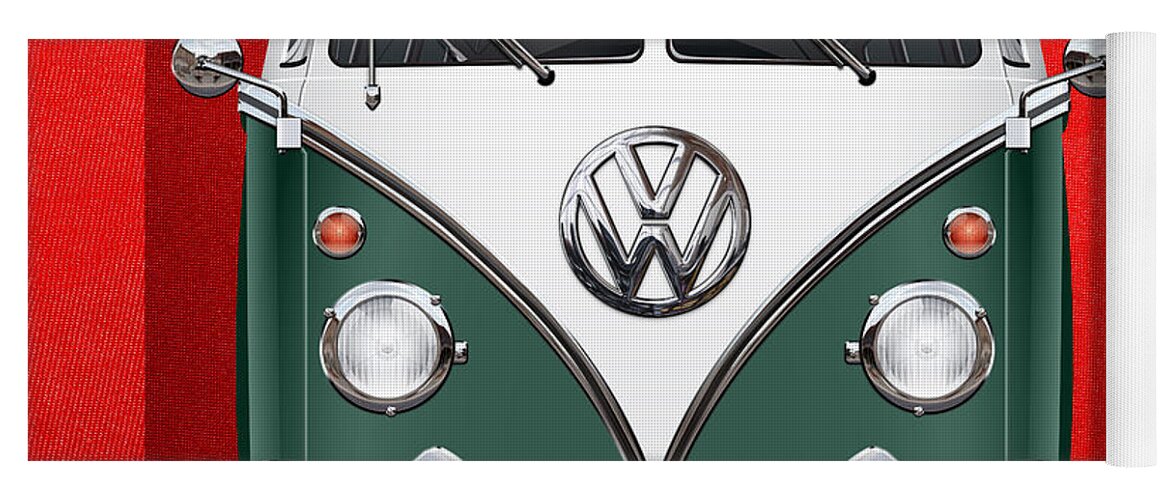 'volkswagen Type 2' Collection By Serge Averbukh Yoga Mat featuring the photograph Volkswagen Type 2 - Green and White Volkswagen T 1 Samba Bus over Red Canvas by Serge Averbukh