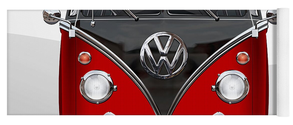 'volkswagen Type 2' Collection By Serge Averbukh Yoga Mat featuring the photograph Volkswagen Type 2 - Red and Black Volkswagen T 1 Samba Bus on White by Serge Averbukh