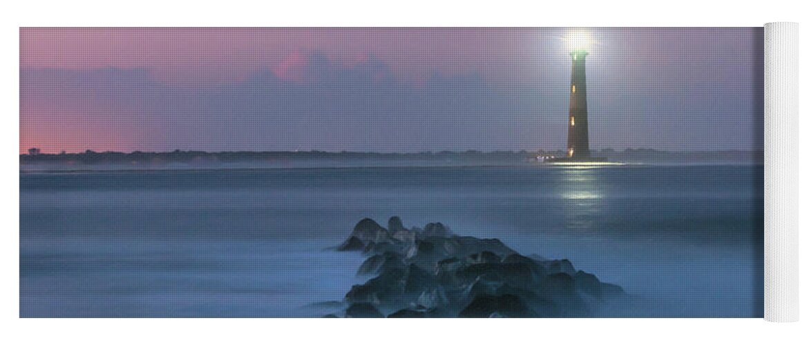 Morris Island Lighthouse Yoga Mat featuring the digital art 140 Year Anniversary Lighting of Morris Island Lighthouse by Dale Powell