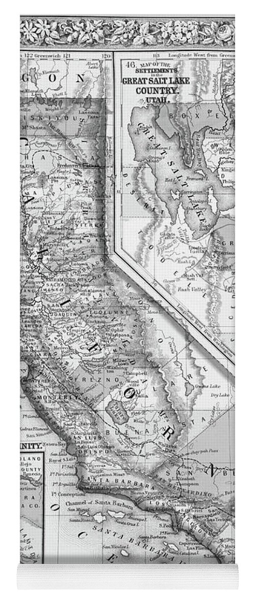 California Yoga Mat featuring the digital art 1800s California Historical Map Black and White by Toby McGuire