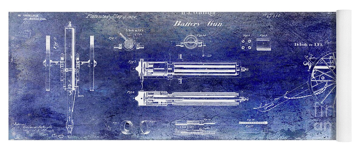 1865 Gatling Machine Gun Patent Drawing Yoga Mat featuring the digital art 1865 Gatling Gun Patent by Jon Neidert