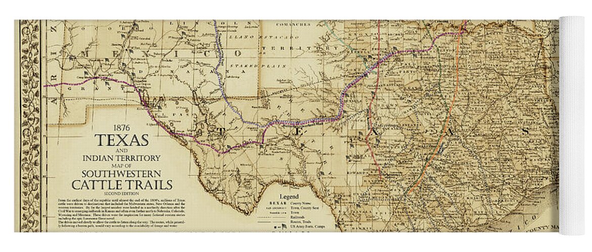 Cattle Trails Map Yoga Mat featuring the digital art 1876 Great Texas and Southwestern Cattle Trails Map by Texas Map Store