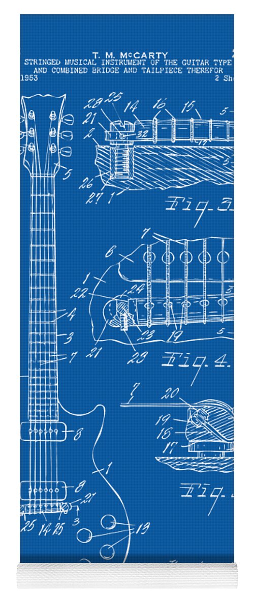 Guitar Yoga Mat featuring the digital art 1955 McCarty Gibson Les Paul Guitar Patent Artwork Blueprint by Nikki Marie Smith