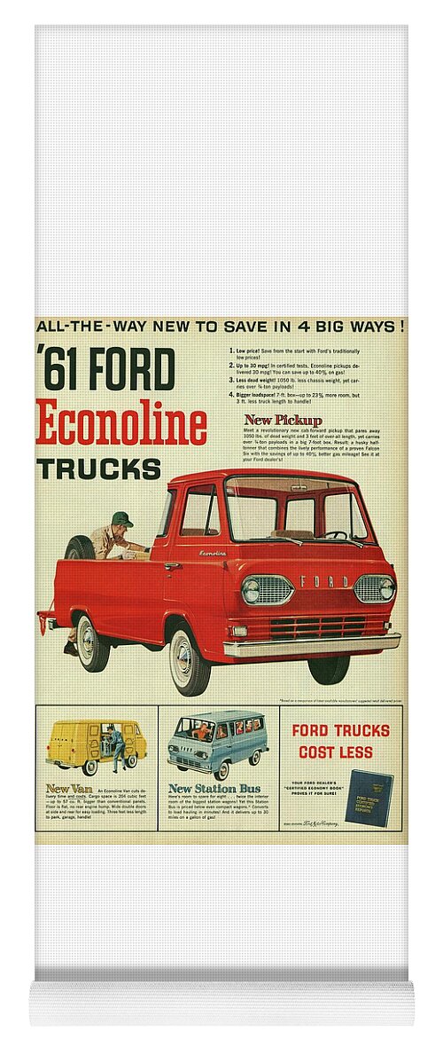 1961 Yoga Mat featuring the mixed media 1961 Ford Econoline Vintage Ad by Movie Poster Prints