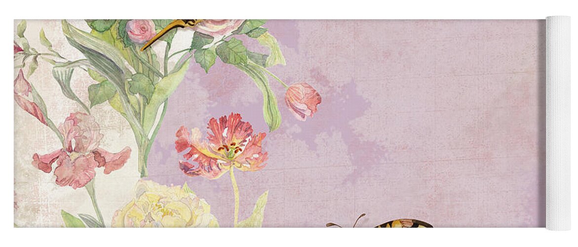 Butterfly Yoga Mat featuring the painting Fleurs de Pivoine - Watercolor w Butterflies in a French Vintage Wallpaper Style #2 by Audrey Jeanne Roberts