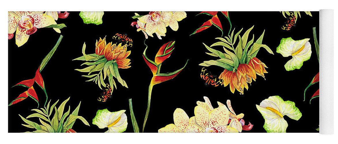 Orchid Yoga Mat featuring the painting Tropical Island Floral Half Drop Pattern by Audrey Jeanne Roberts