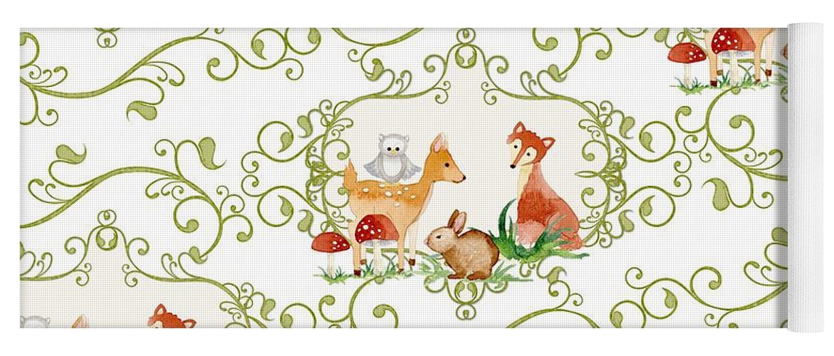 Woodchuck Yoga Mat featuring the painting Woodland Fairytale - Animals Deer Owl Fox Bunny n Mushrooms #2 by Audrey Jeanne Roberts