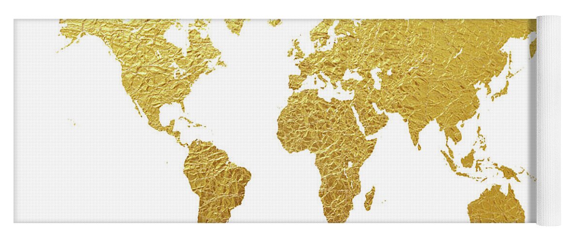 World Map Yoga Mat featuring the digital art World Map Gold Foil #3 by Michael Tompsett