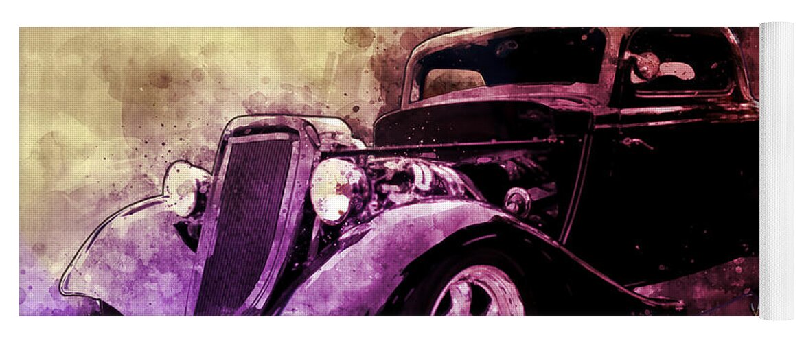 34 Yoga Mat featuring the photograph 34 Ford Three Window Coupe Pen and Ink Watercolour by Chas Sinklier
