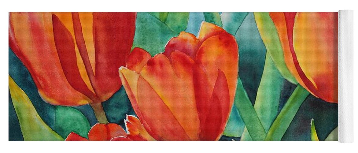 Red Flowers Yoga Mat featuring the painting 4 Red Tulips by Ruth Kamenev