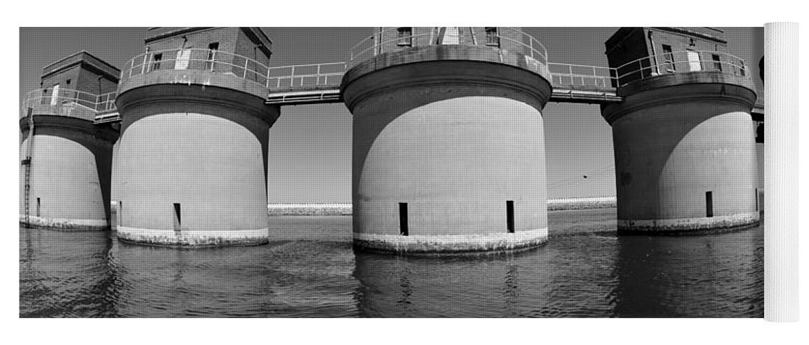 5 Towers At Dreher Shoals Dam On Lake Murray Sc Black And White Yoga Mat featuring the photograph 5 Towers At Dreher Shoals Dam On Lake Murray SC Black And White by Lisa Wooten