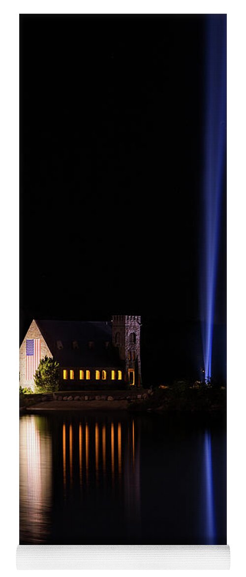 9/11 9-11 911 Nine Eleven Nine-eleven September Eleventh 11 9 West W Boylston Ma Mass Massachusetts Old Stone Church Architecture Lights Beams Light Moon Sky Night Darkness Dark Outside Outdoors Memorial Tribute Trees Wachusett Reservoir New England Newengland U.s.a. Usa Brian Hale Brianhalephoto Clouds Reflections Water Flag American Yoga Mat featuring the photograph 9/11 Memorial at Night by Brian Hale