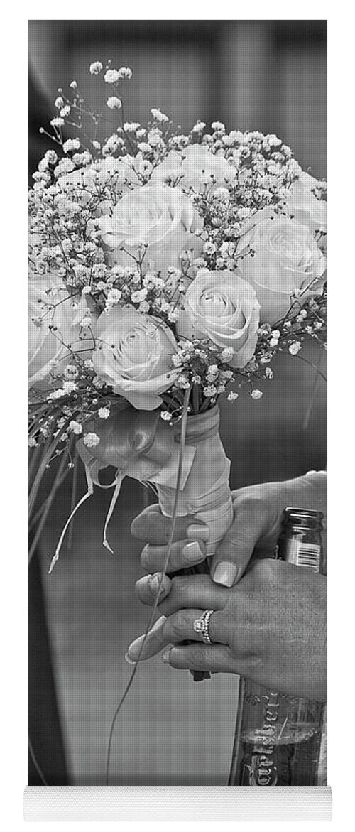 Monochrome Yoga Mat featuring the photograph A Bride A Bouquet and A Beer by Terri Waters