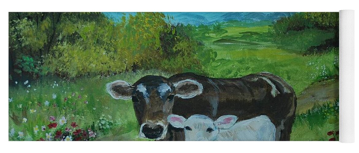 Cow Yoga Mat featuring the painting A Tender Love by Leslie Allen