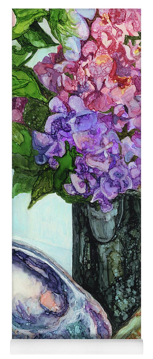 Abalone Yoga Mat featuring the painting Abalone, Hydrangea and Bird by Vicki Baun Barry