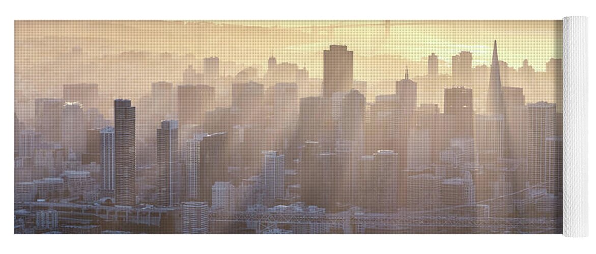 Aerial Yoga Mat featuring the photograph Aerial of downtown district at sunset, San Francisco, USA by Matteo Colombo