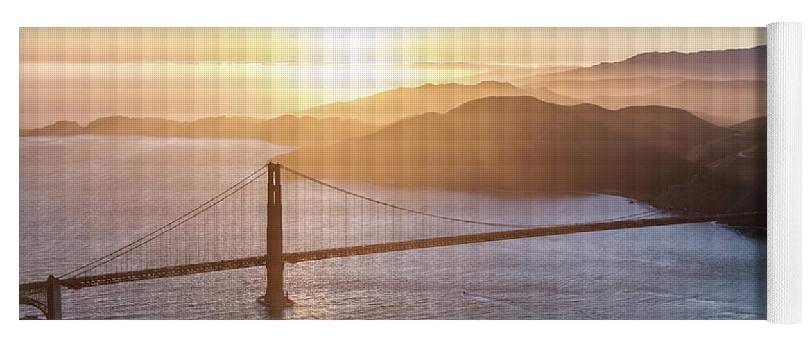 San Francisco Yoga Mat featuring the photograph Aerial of Golden gate bridge at sunset, San Francisco, Californi by Matteo Colombo