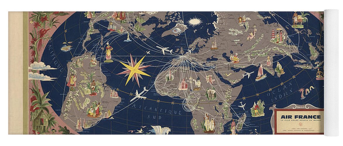 Air France Yoga Mat featuring the mixed media Air France - Illustrated map of the Air routes by Lucien Boucher - Historical Map of the World by Studio Grafiikka