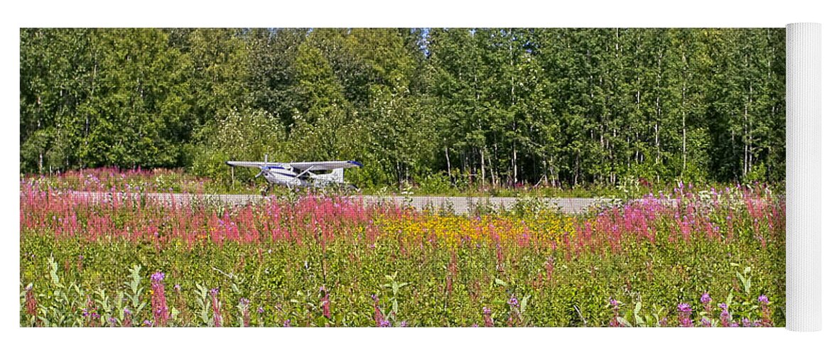 Airplane Yoga Mat featuring the photograph Airplane on flower landing strip in Alaska by Waterdancer 