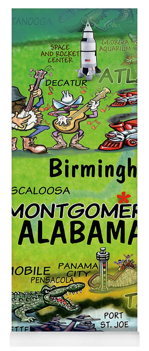 Alabama Yoga Mat featuring the digital art Alabama Fun Map by Kevin Middleton