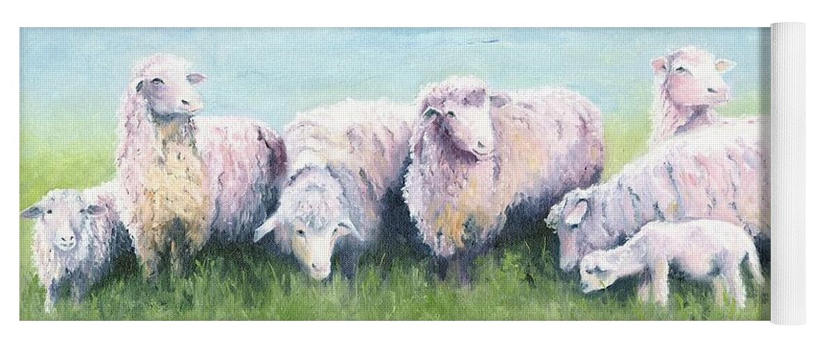 Sheep Yoga Mat featuring the painting All in a Row by Deborah Butts