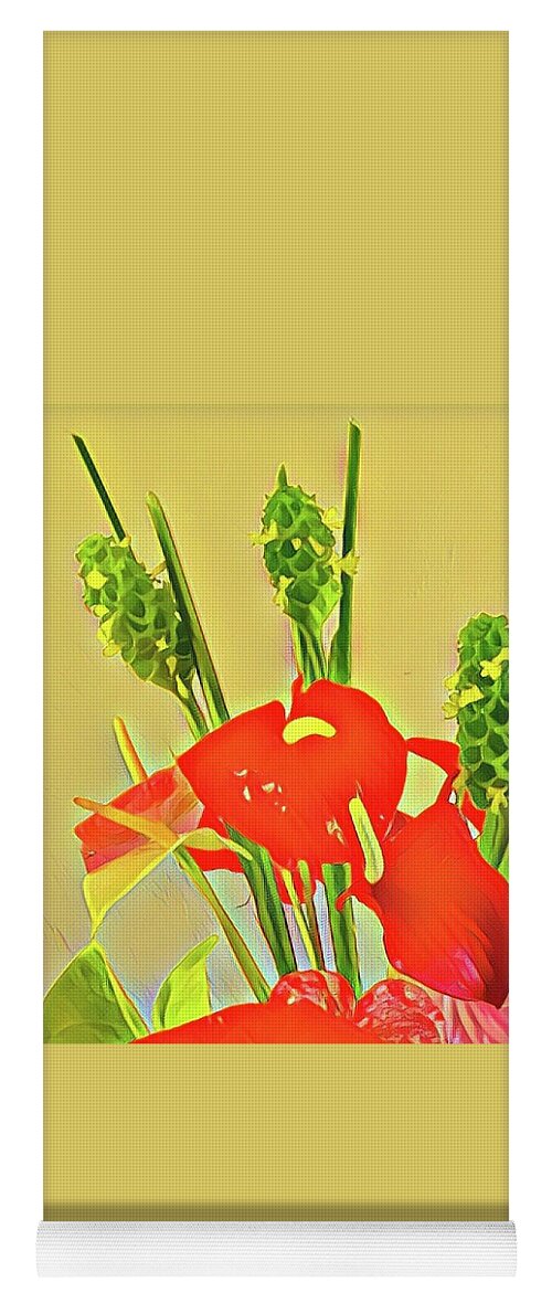 #alohabouquetoftheday #flowersofaloha #anthuriums #redandgreen Yoga Mat featuring the photograph Aloha Bouquet of the Day -- Red Anthuriums with Green Ginger, a portion by Joalene Young