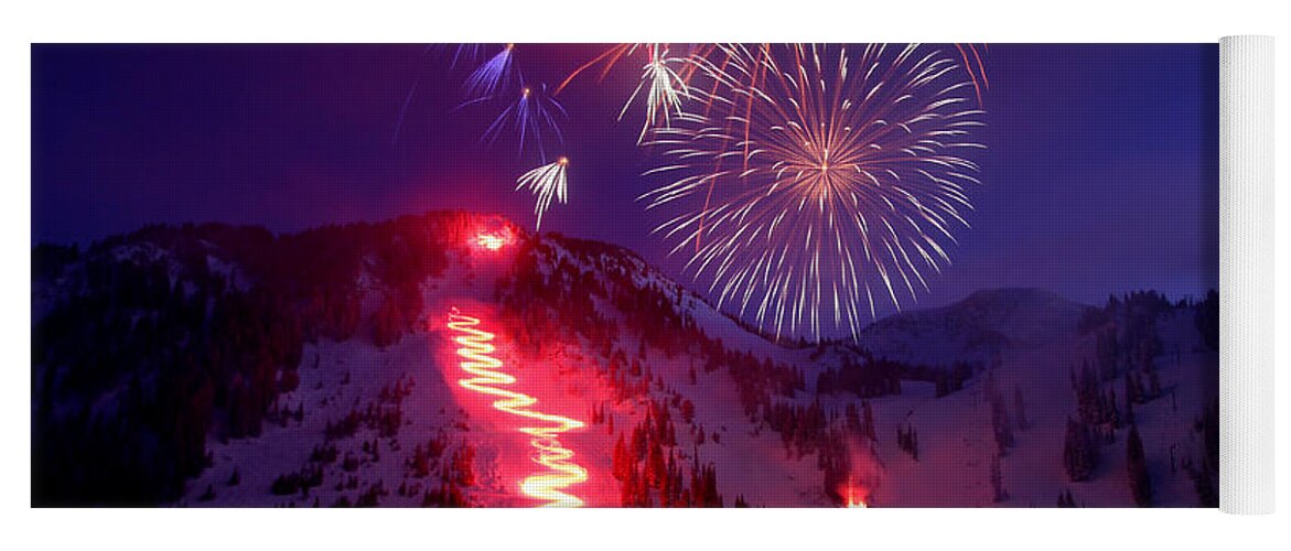 Alta Ski Utah Torchlight Fireworks Celebration Birthday Yoga Mat featuring the photograph Alta Ski Area 75th Birthday Celebration by Brett Pelletier