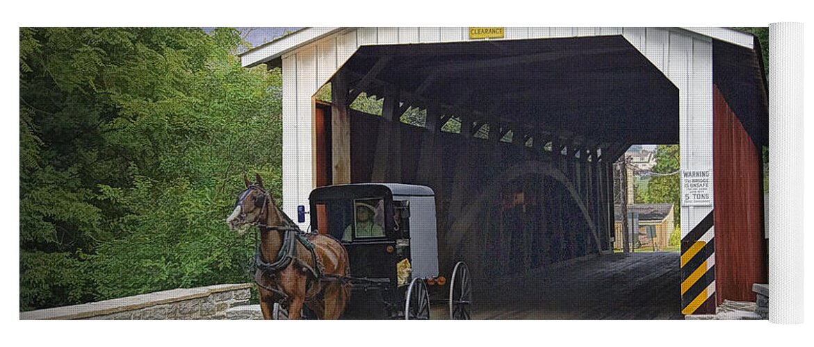 Art Yoga Mat featuring the photograph Amish Buggy with covered bridge by Randall Nyhof