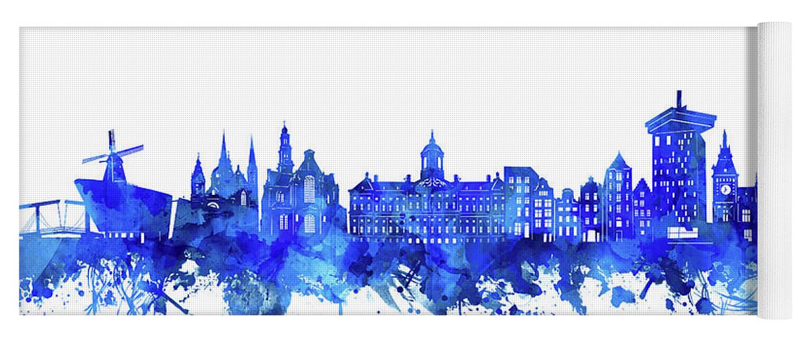 Amsterdam Yoga Mat featuring the digital art Amsterdam Skyline Watercolor Blue by Bekim M