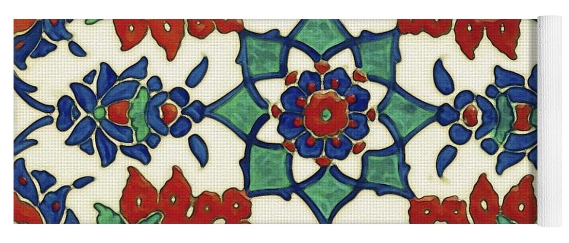 Turkish Yoga Mat featuring the painting An Ottoman Iznik style floral design pottery polychrome, by Adam Asar, No 13a by Celestial Images