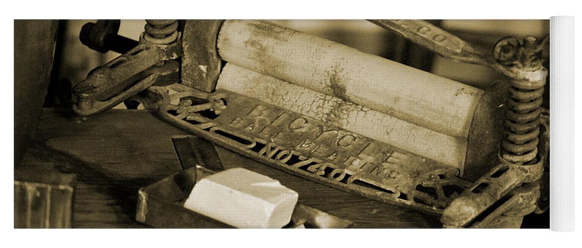 Sepia Yoga Mat featuring the photograph Antique Laundry Ringer and Handmade Lye Soap in Sepia by Colleen Cornelius