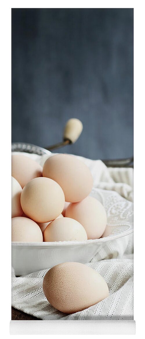 Eggs Yoga Mat featuring the photograph Apron and Eggs On Wooden Table by Stephanie Frey
